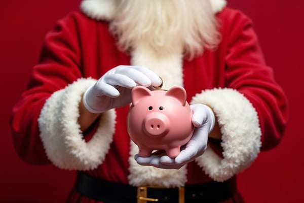 Santa holding a piggy bank for Christmas fundraising