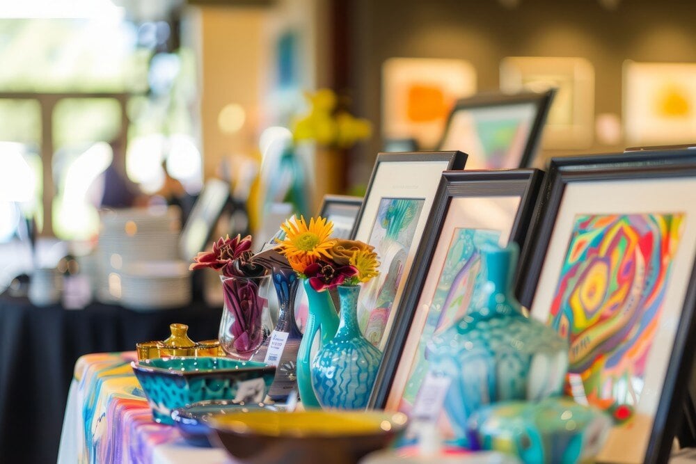 Silent auction table display with art and pottery