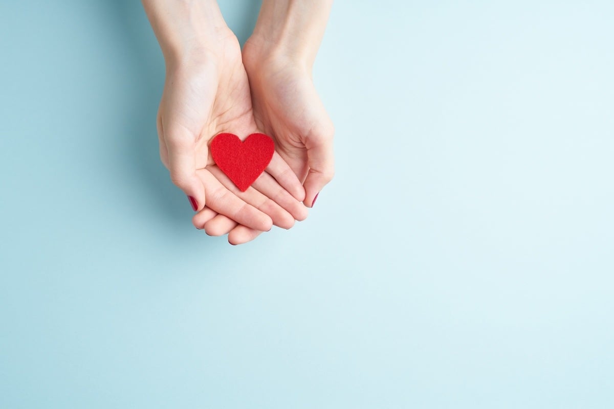 Two hands holding a red love heart shape